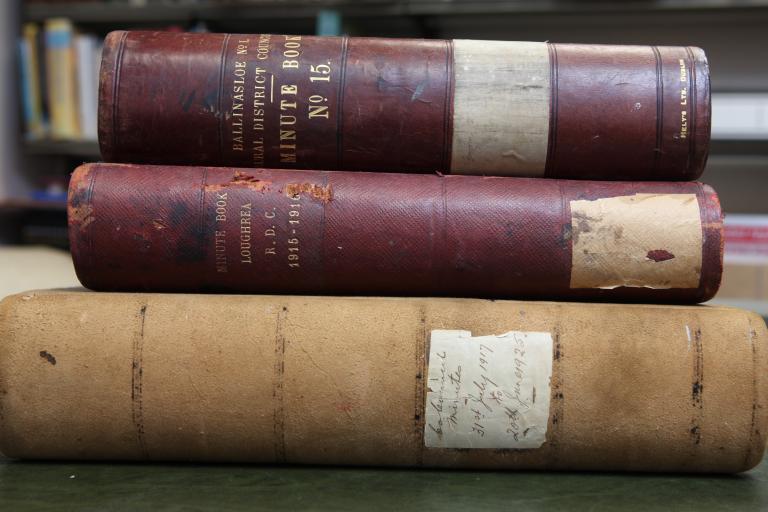 Spines of 3 volumes of minutes stacked on top of each other.