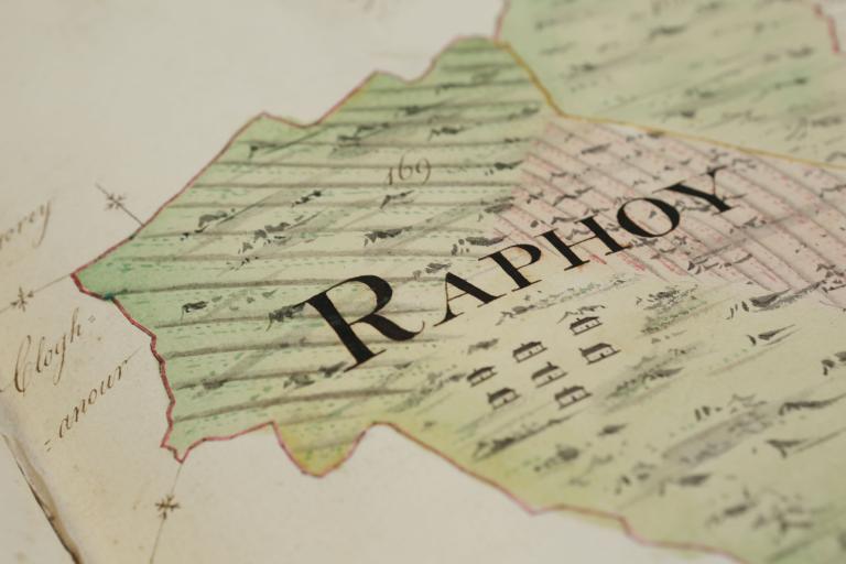 Close up image of a drawing of showng location of houses and arable land, forthe townland of Raphoy, Headford, 1775