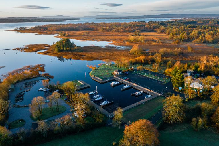 an aerial view of portumna harbour.