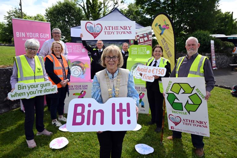 Pictured at the launch of the Gum Litter Taskforce Campaign ‘Bin your gum when you’re done!’ were  Front L-R Marie Cafferkey, Athenry Tidy Towns, Angela Quinn, Administration Officer, Environment Section, Galway County Council, the Cathaoirleach of the County of Galway, Cllr. Martina Kinane, Laura Mullins, Community Warden, Galway County Council, and Jim Reidy, Athenry Tidy Towns