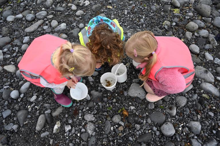 Three children examining their findings on the beach
