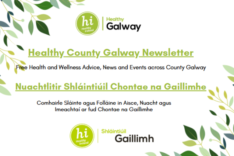Design of Healthy County Galway Newsletter front cover page with leaves and healthy ireland logos