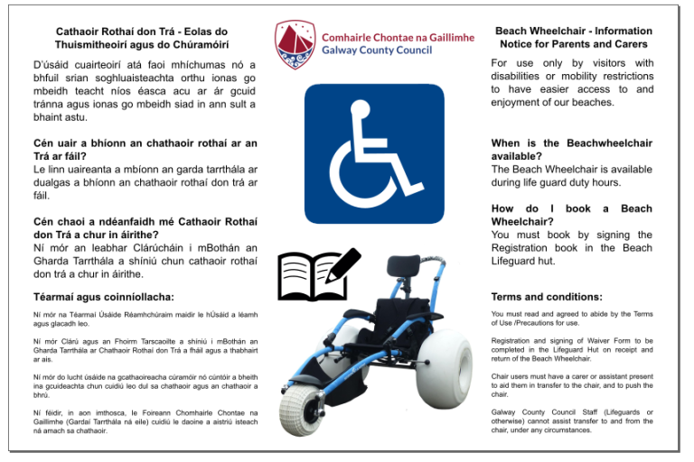 Galway County Council poster about beach wheelchair access, with bilingual text, a wheelchair symbol, and an image of a beach wheelchair.