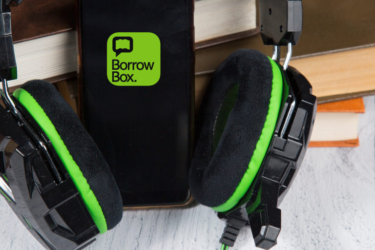 Image of headphones and smartphone with borrowbox logo