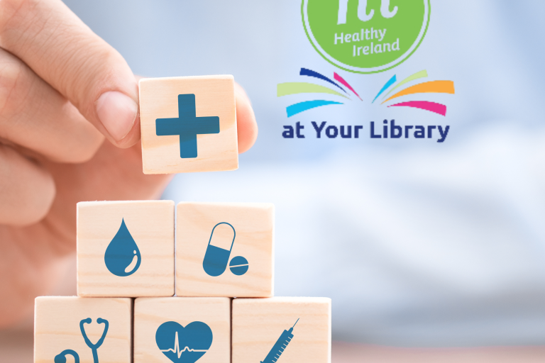 Image of blocks with health symbols on them and healthy ireland logo