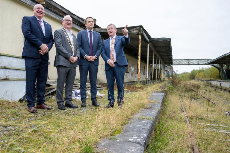 Galway_Minister4 **No repro fee** James Browne TD, Minister for Housing, Local Government and Heritage, pictured (second from right) at Tuam Station House, which is being redeveloped into an enterprise hub. Also pictured is Liam Conneally, Chief Executive of Galway County Council; Councillor David Collins, Cathaoirleach of Galway County Council; and Minister of State Seán Canney TD. Credit Andrew Downes / XPOSURE.