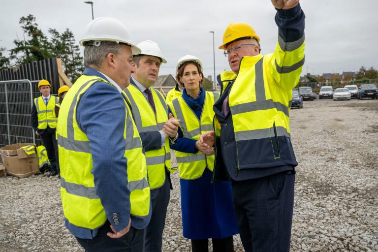 Galway_Minister5 **No repro fee** James Browne TD, Minister for Housing, Local Government and Heritage, pictured after turning the first sod on a €23.6 million mixed-tenure housing development in Baile Chláir (Claregalway) alongside Senator Ollie Crowe; Minister of State Hildegarde Naughton; and Liam Conneally, Chief Executive of Galway County Council. Credit Andrew Downes / XPOSURE.