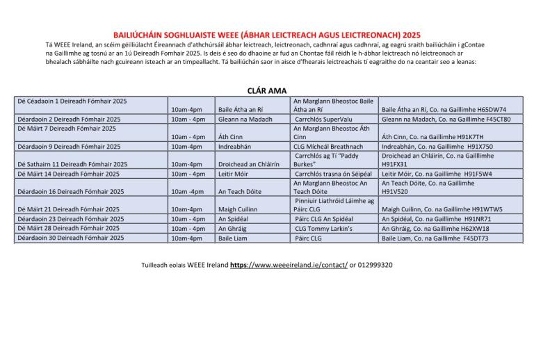Timetable for WEEE collections