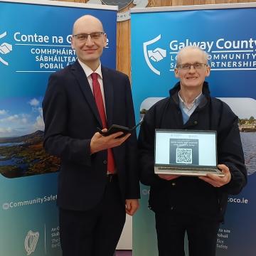 Michael Owens, Director of Services with Galway County Council, and LCSP Vice Chair Aodán McDonogh launching the online Community Safety Plan survey. Credit Galway County Council.