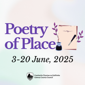 Poetry of Place Logo - purple with a piece of paper ink and pen - says 3-20 June 2025, galway county council logo,