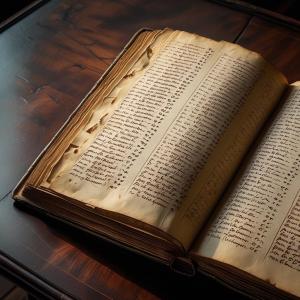 Old book with tattered pages and a list of names, on an old wooden desk