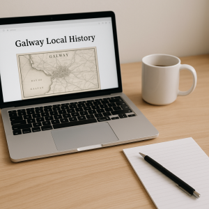 Computer screen showing Galway Local History and map, with mug beside it