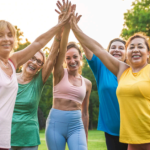 women exercising high fiving