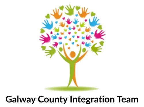 Logo of a tree person with multicoloured hands - text says Galway County Integration Team (our logo)