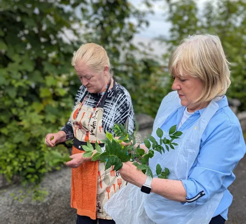 two woman holding flowers picked from the roadside